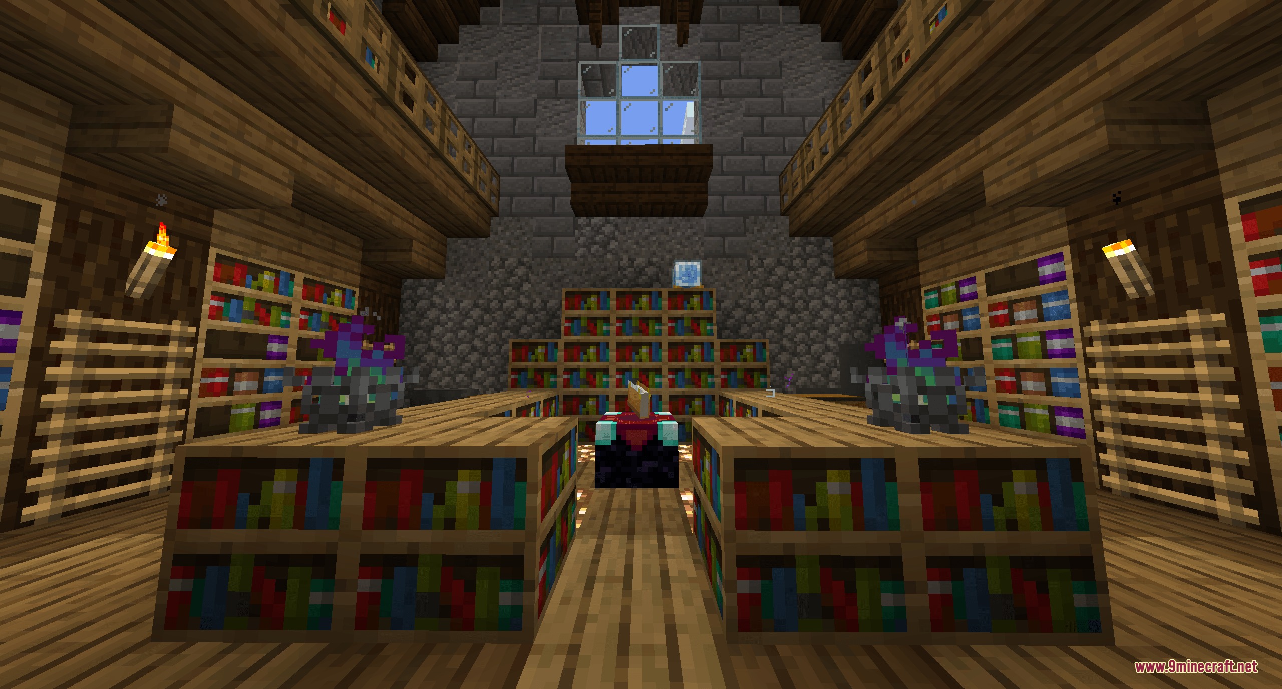 Mystic Arcane Relics Mod Screenshot 1 A cozy library room featuring an enchanting table and arcane braziers