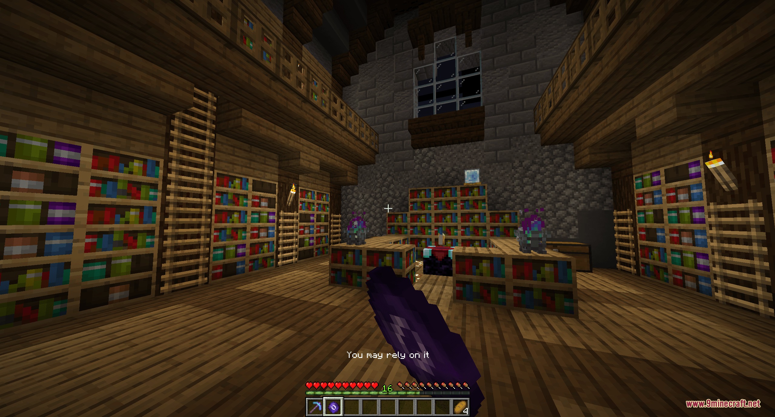 Mystic Arcane Relics Mod Screenshot 4 Player holding an enchanted eight ball relic in a library room