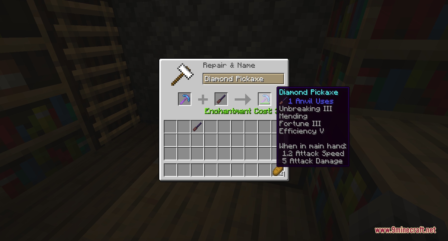 Mystic Arcane Relics Mod Screenshot 5 Resetting anvil repair costs on a diamond pickaxe using an Obsidian Burnisher