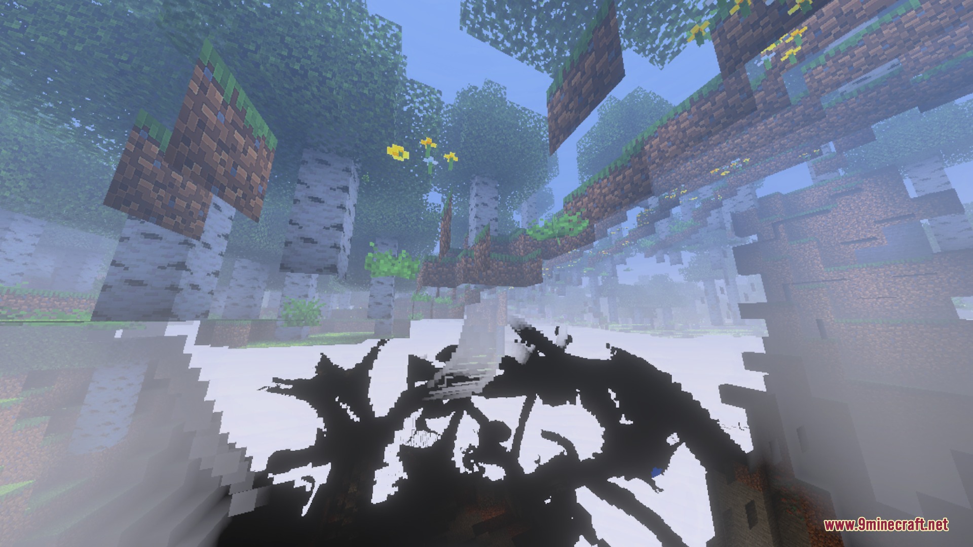 Dreamy fog surrounds floating islands and birch trees in a magical world
