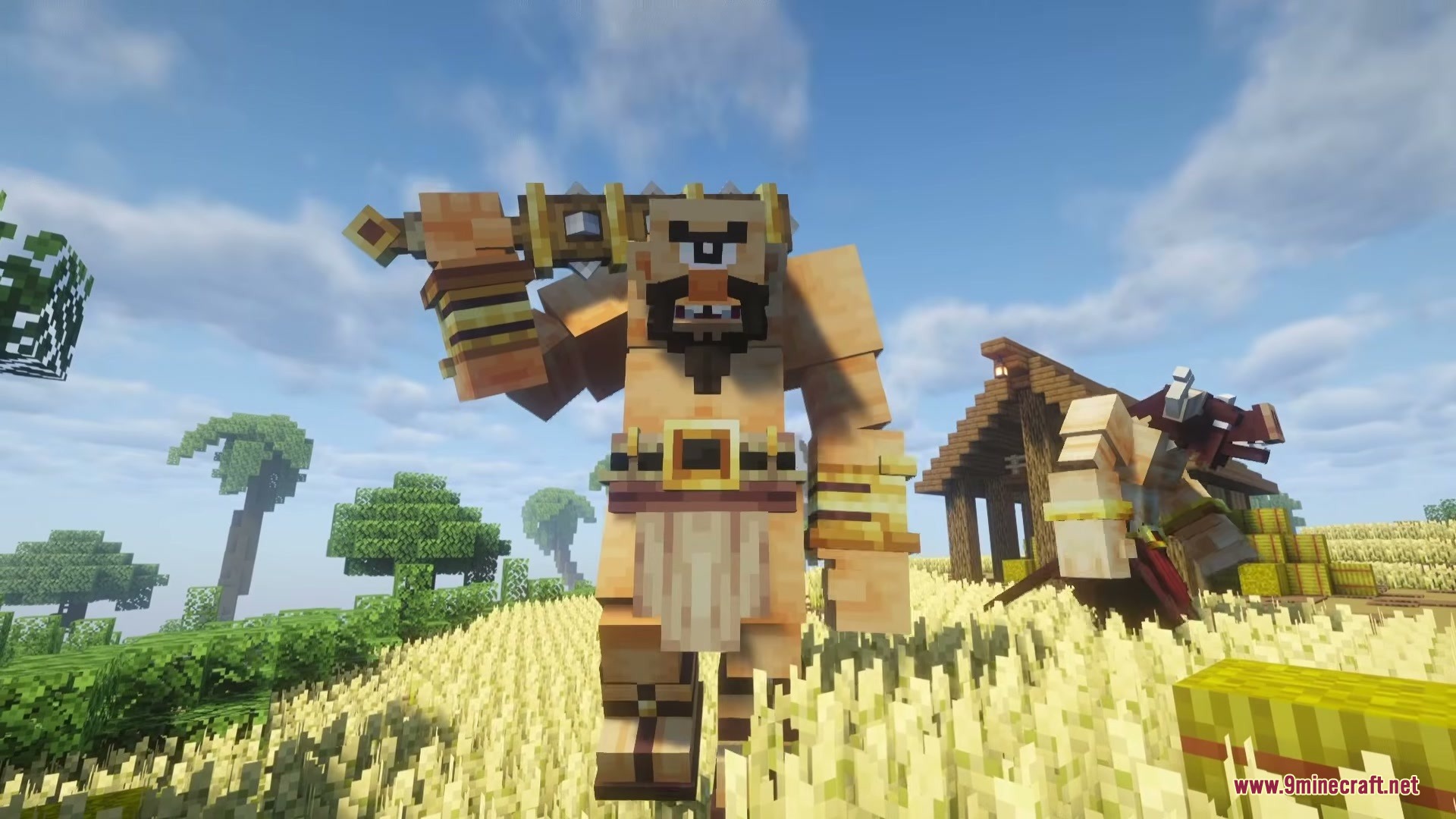 Mythika Creatures of Greek Myth Mod Screenshot 1 A giant Cyclops holding a club stands in a golden wheat field