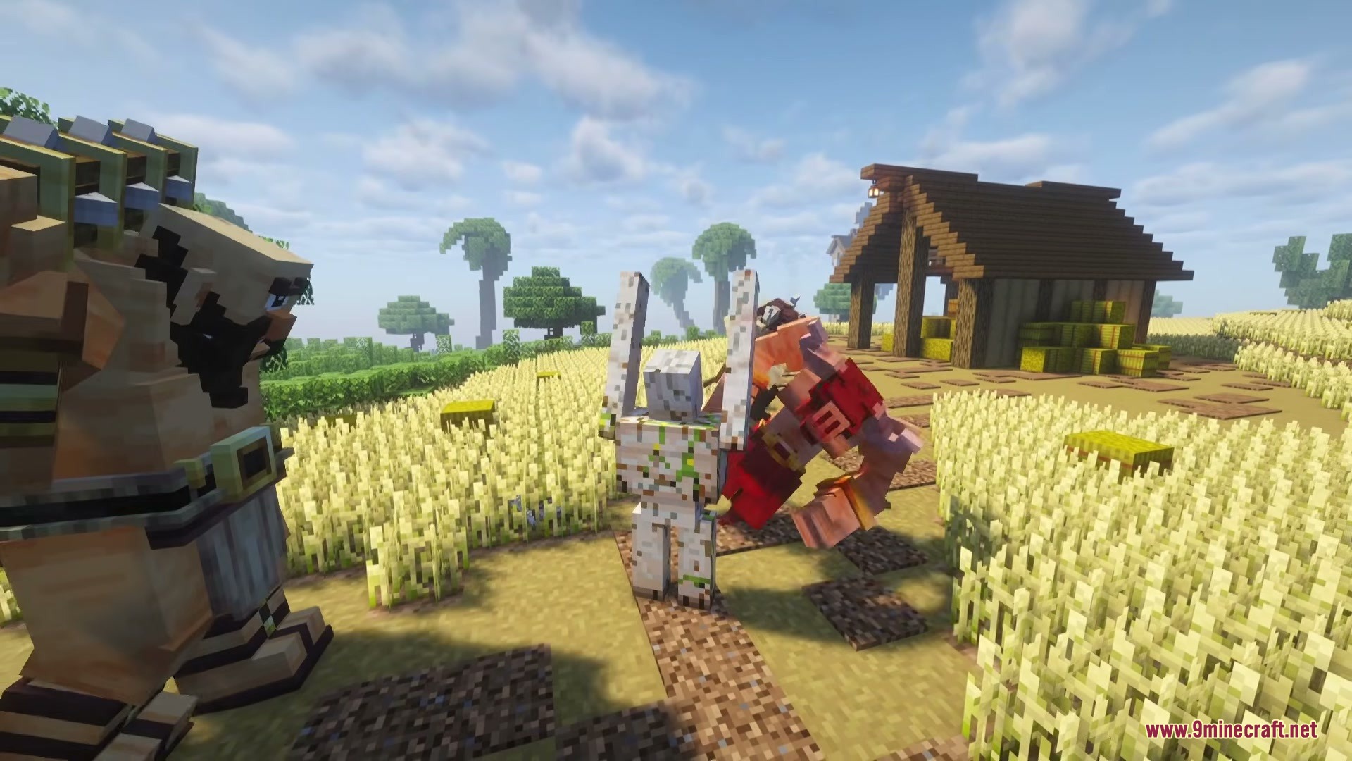 Mythika Creatures of Greek Myth Mod Screenshot 10 Iron Golem fighting a Minotaur while a Cyclops watches in a wheat field