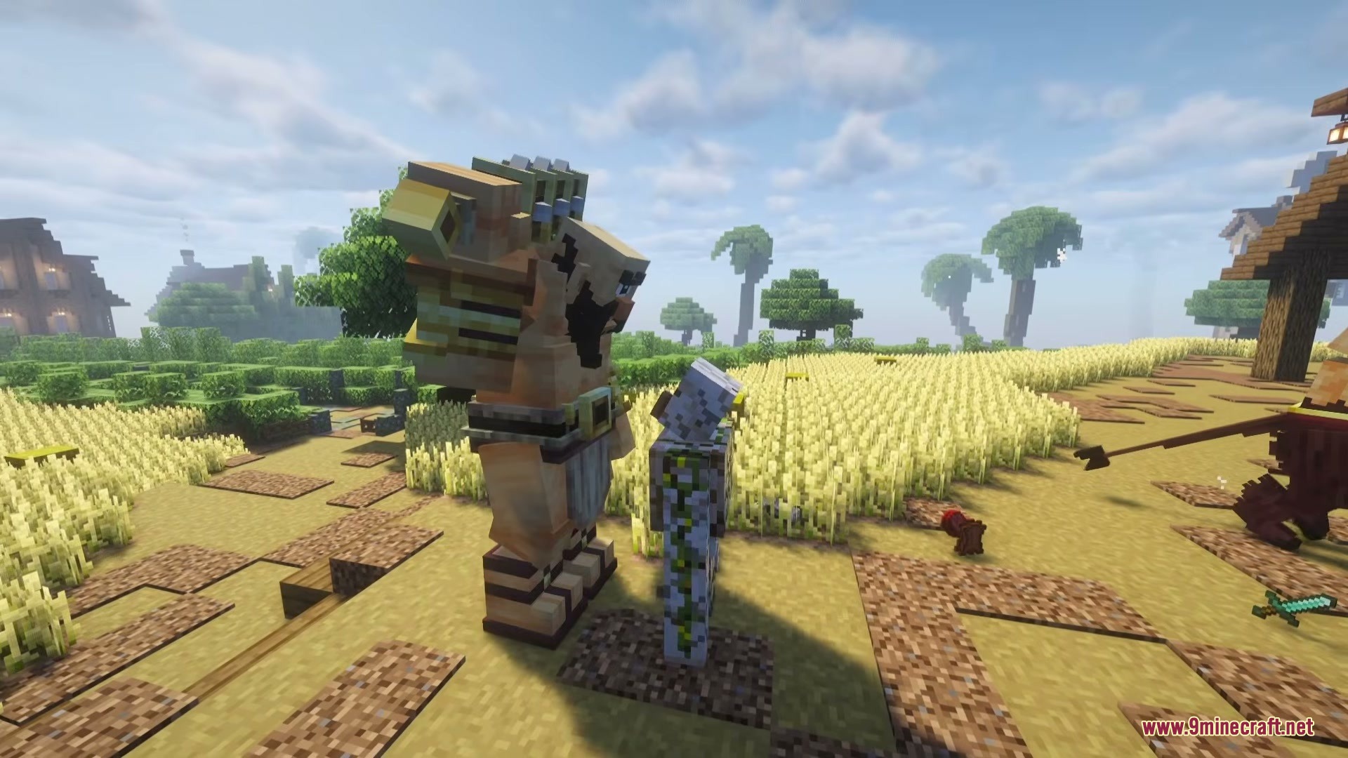 Mythika Creatures of Greek Myth Mod Screenshot 11 A giant Cyclops mob confronts an Iron Golem in a sunny wheat field