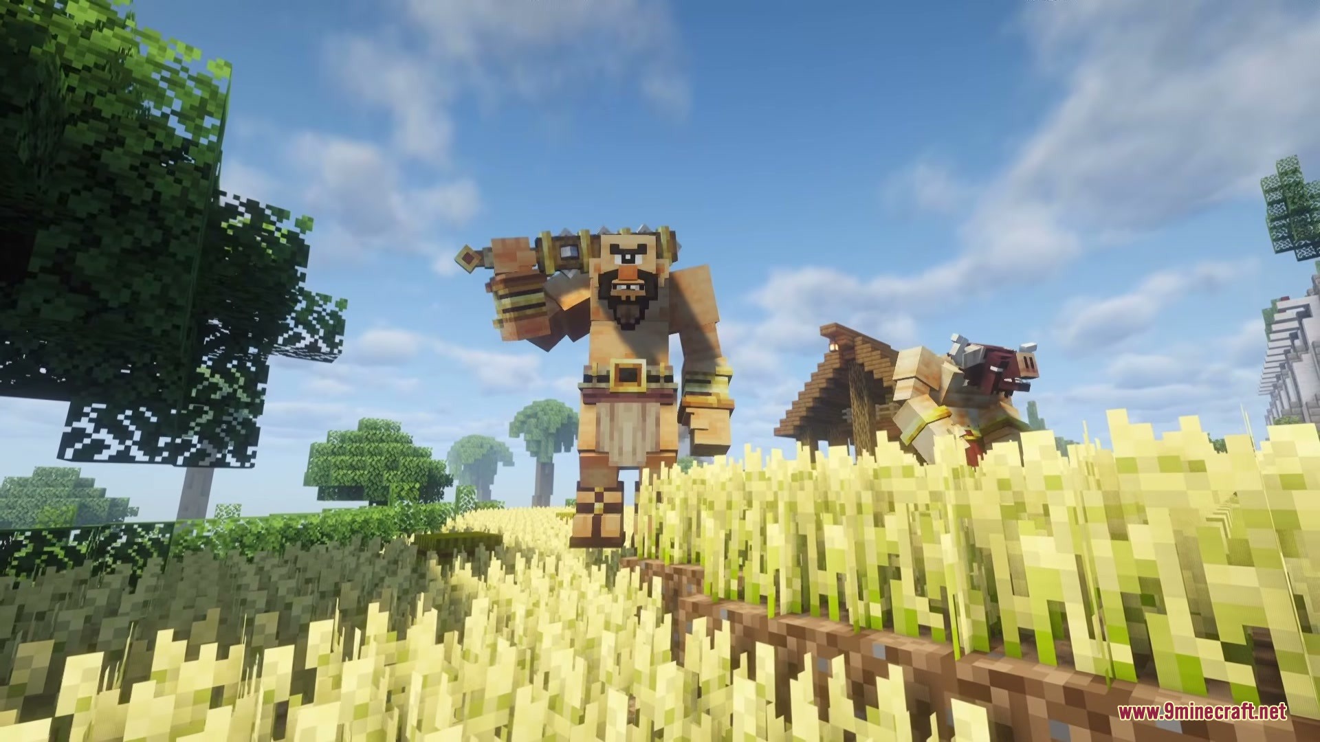 Mythika Creatures of Greek Myth Mod Screenshot 2 A Cyclops and a Minotaur wander near a small farm building