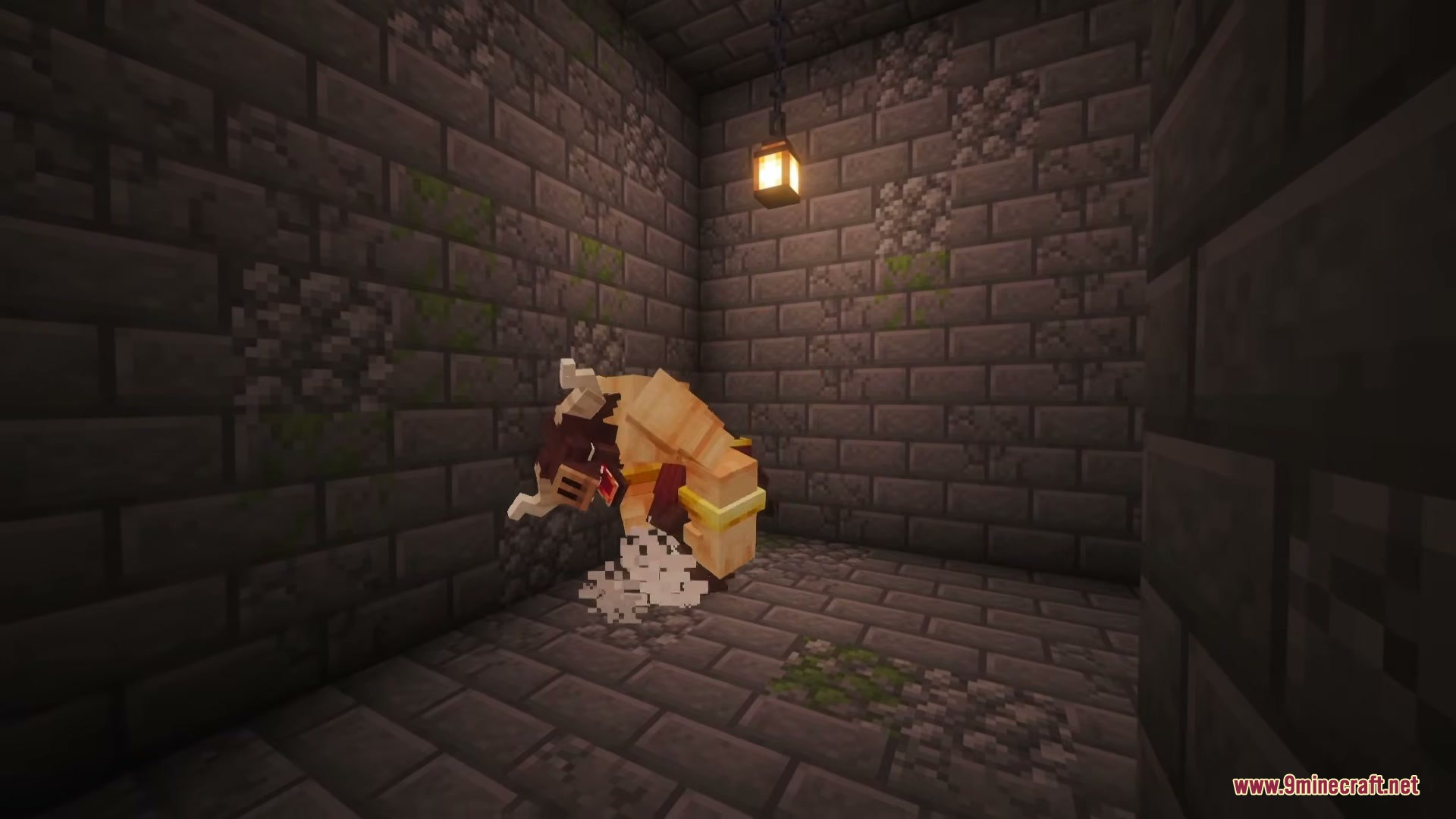 Mythika Creatures of Greek Myth Mod Screenshot 3 A Minotaur paws the ground inside a dark stone brick labyrinth maze