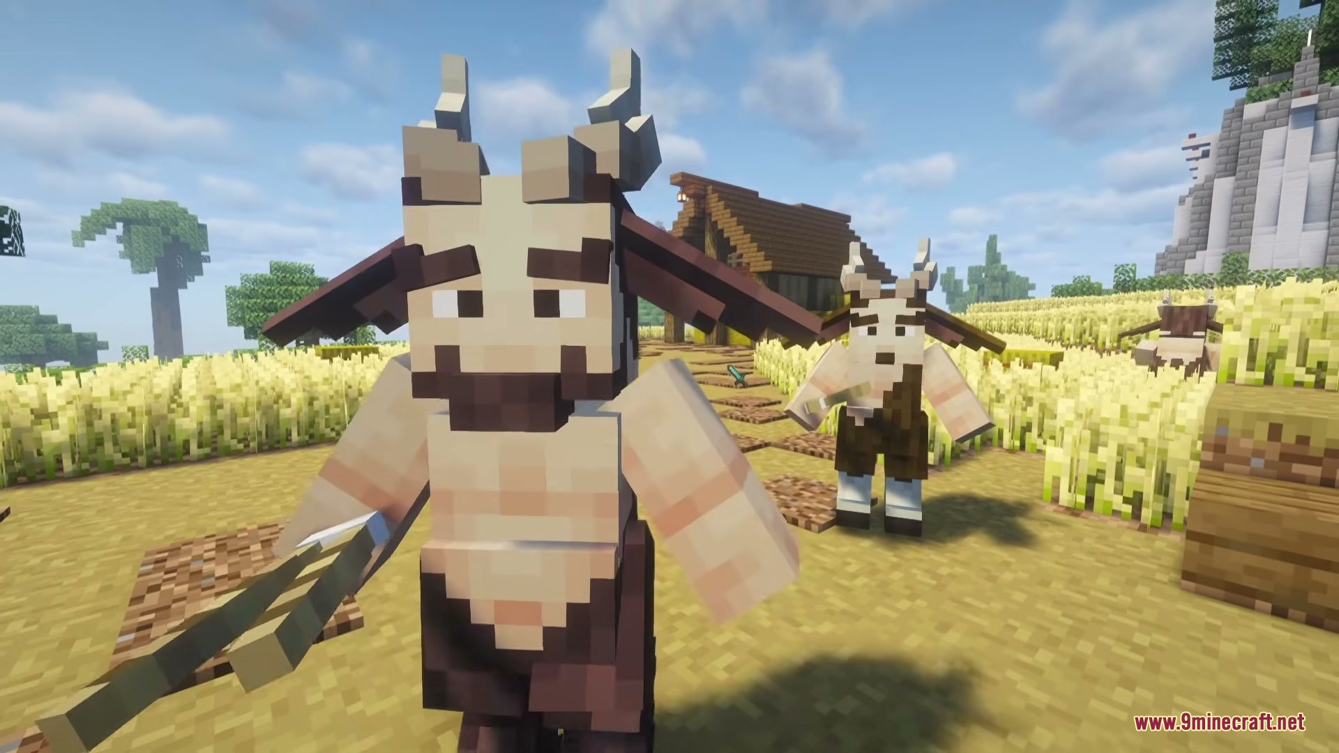 Mythika Creatures of Greek Myth Mod Screenshot 4 Two Satyrs wander through a golden wheat field near a small wooden house