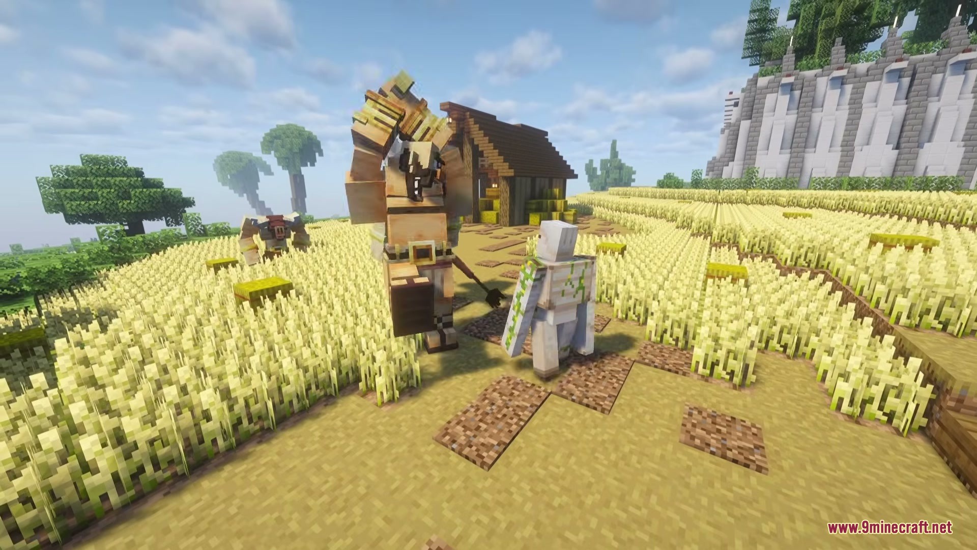 Mythika Creatures of Greek Myth Mod Screenshot 6 A giant Minotaur attacks an Iron Golem in a large wheat field