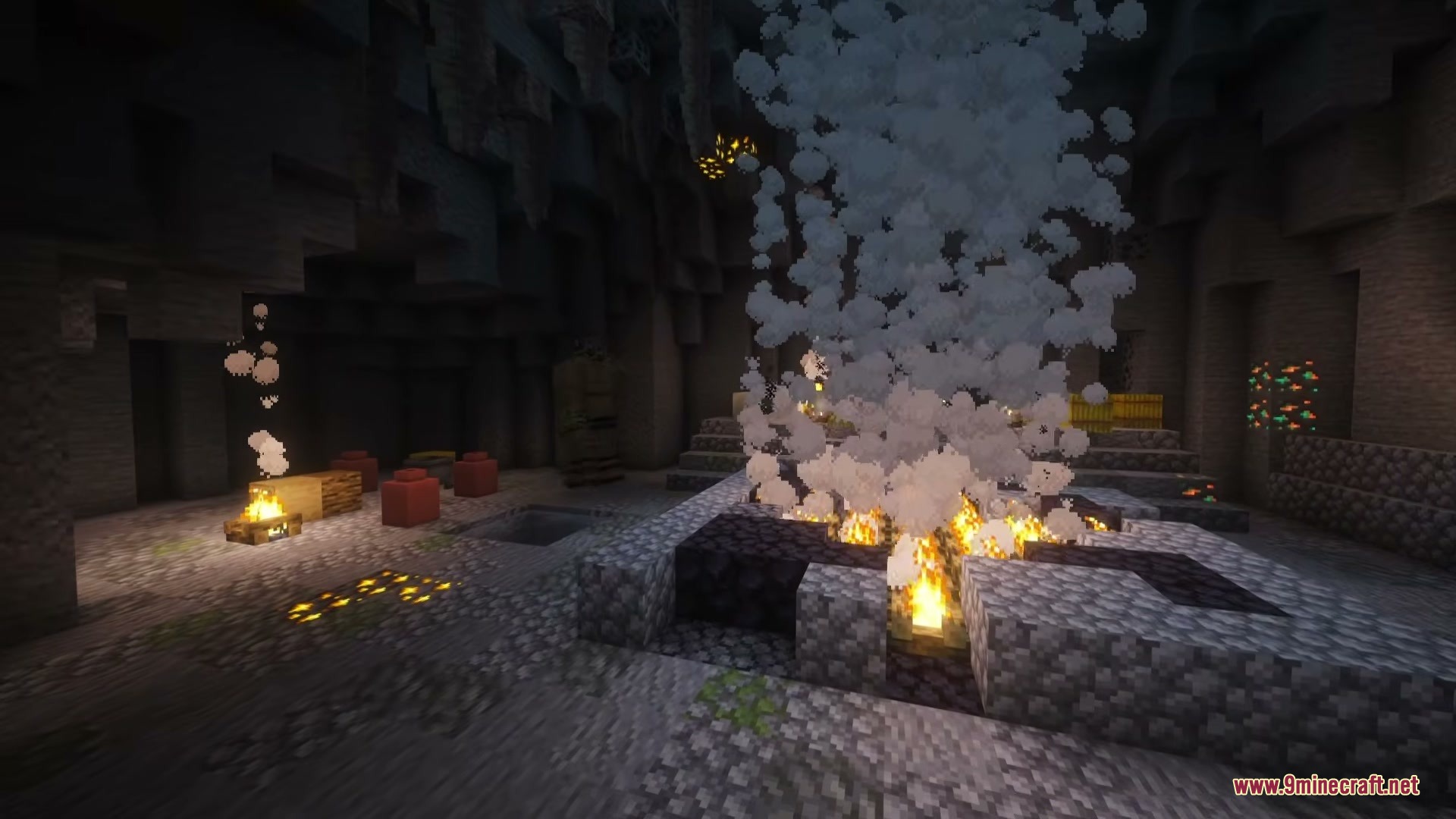 Mythika Creatures of Greek Myth Mod Screenshot 8 A massive bonfire burns inside a dark cave with thick white smoke