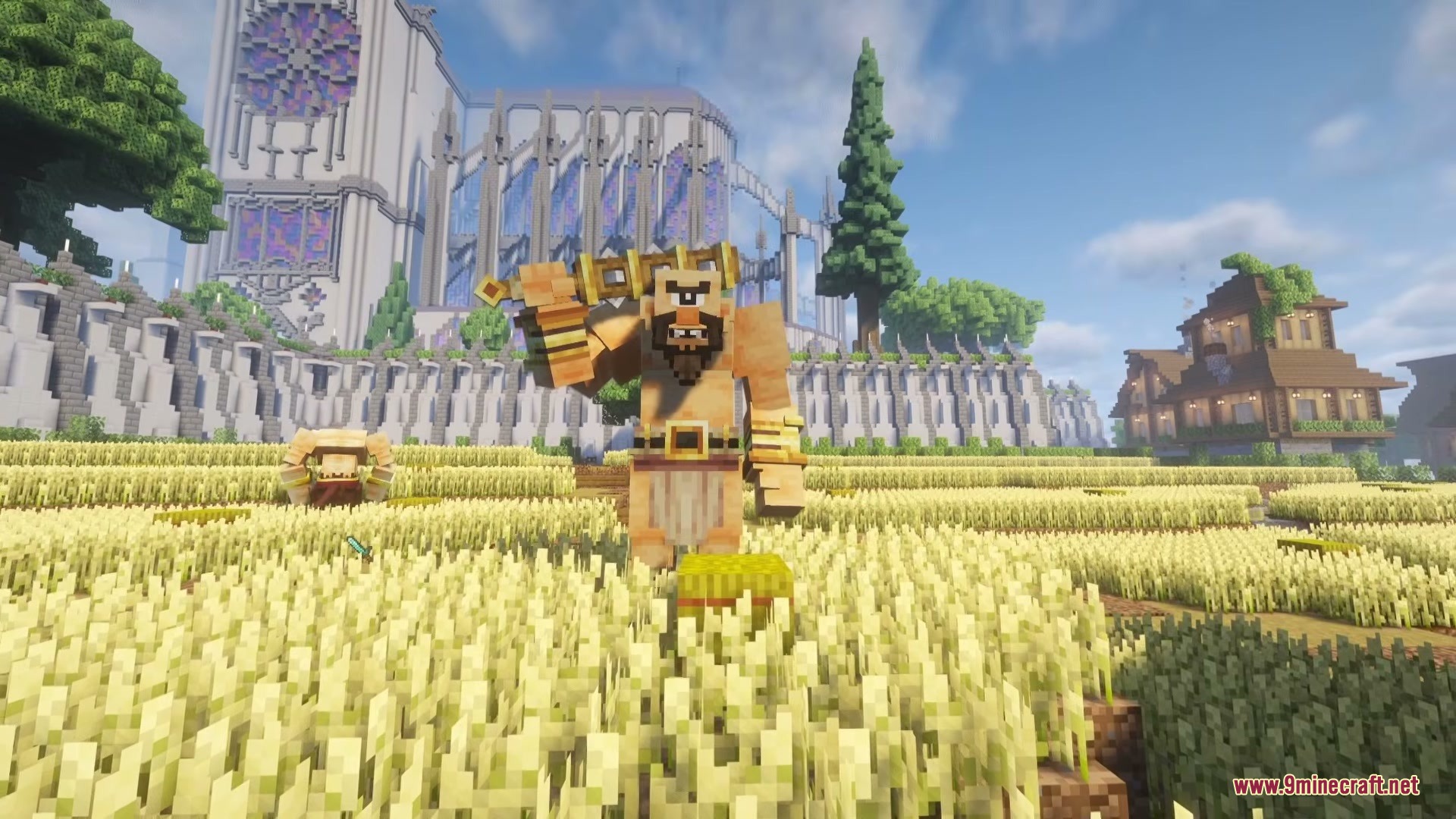 Mythika Creatures of Greek Myth Mod Screenshot 9 A giant Cyclops standing in a golden wheat field near a large cathedral