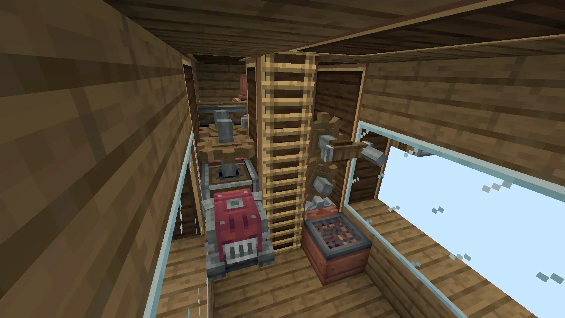 Red diesel engine and mechanical gears inside the Nova Airship cabin