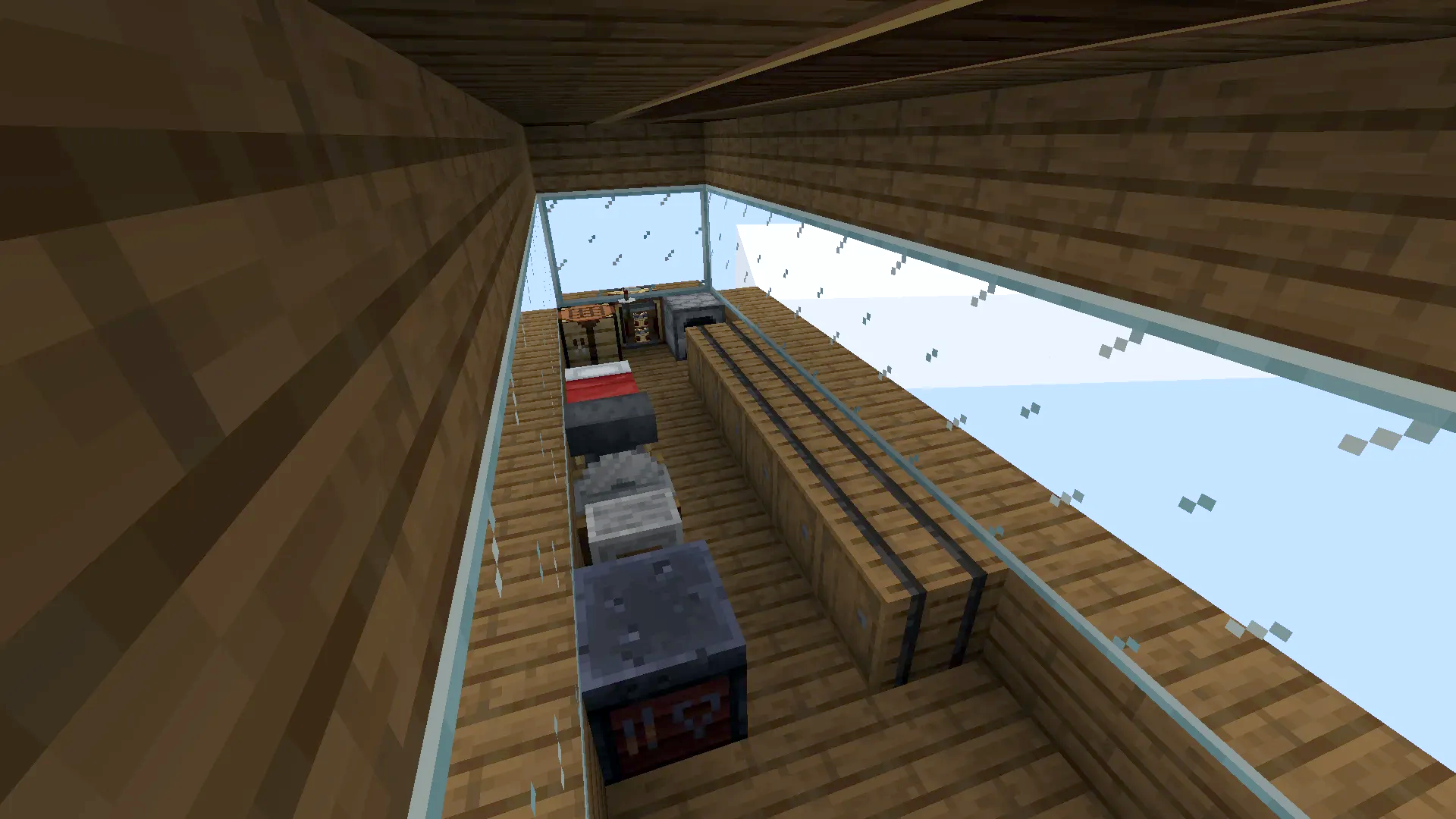 Spacious interior of a flying airship with chests and large glass windows