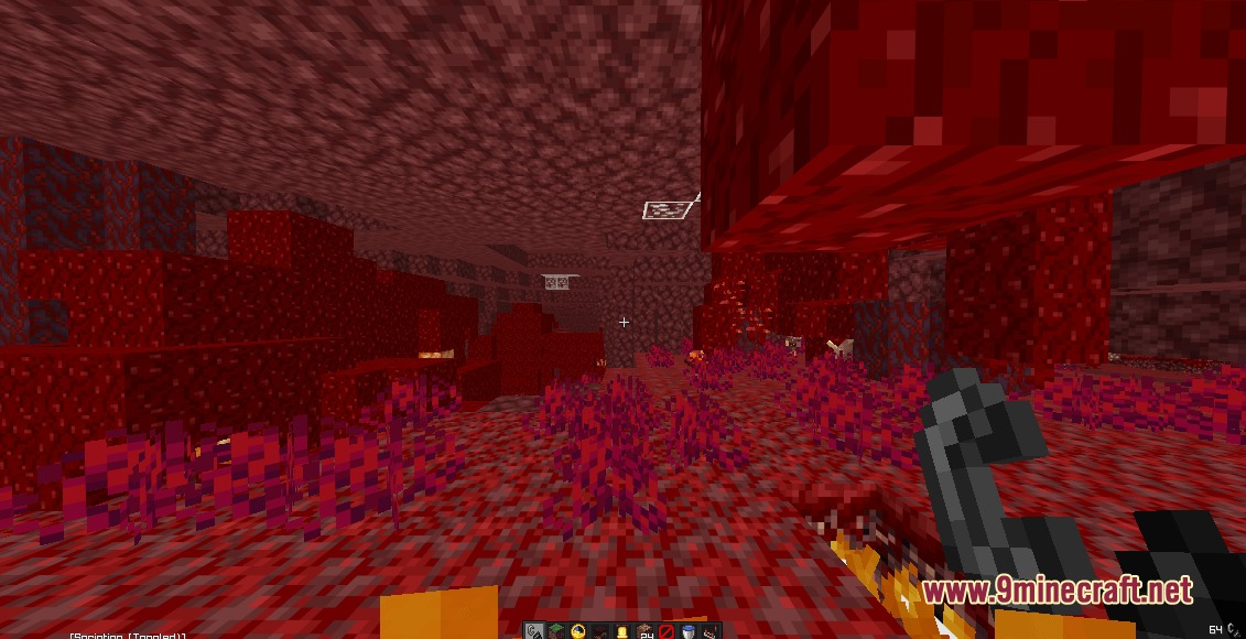 Player holding flint and steel near low fire in the crimson forest