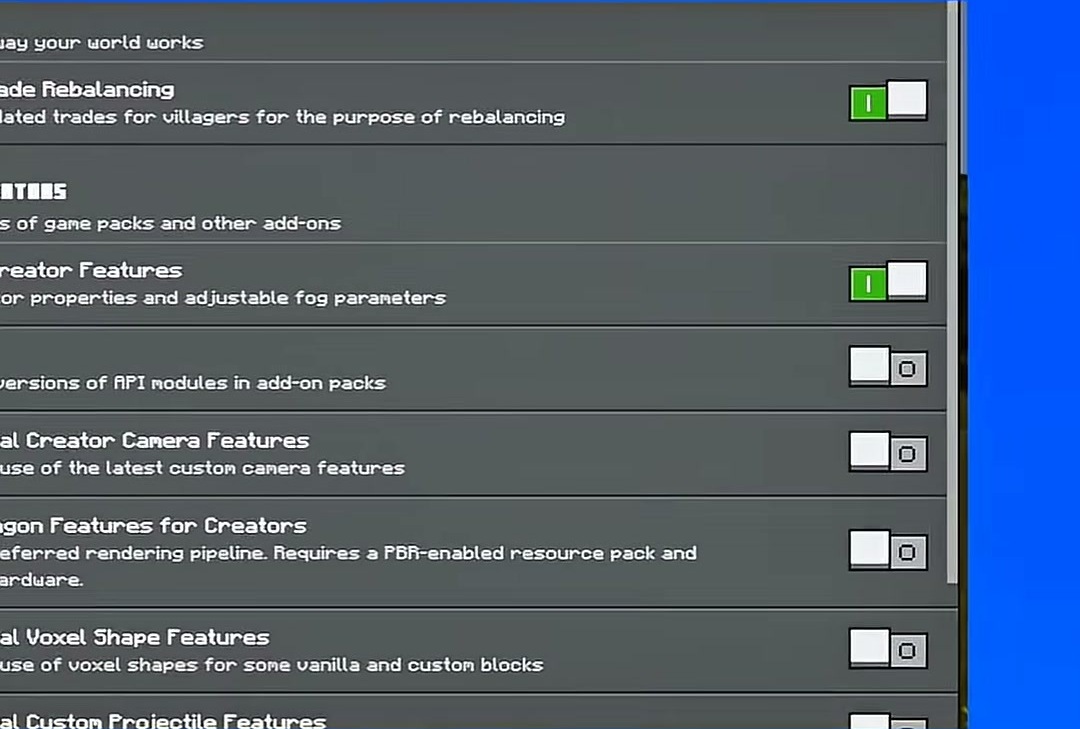 NO WAY MOD Addon Screenshot 2 Minecraft world settings menu with experimental features toggled on for the addon