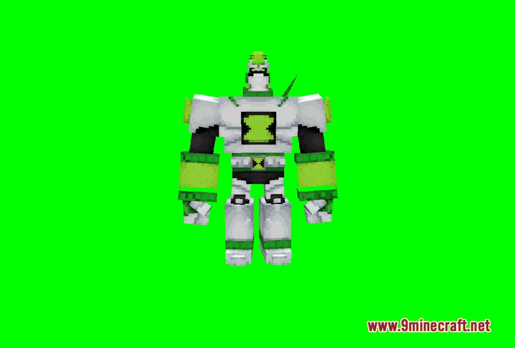 NOO Aliens OV Outfit for Alien Evo Resource Pack Screenshot 4 A blocky Minecraft model of the Atomix alien in white and green armor