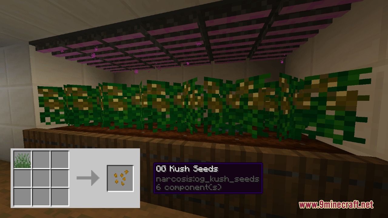 Narcosis Mod Screenshot 4 Custom crops growing under purple lights with seed crafting recipe shown
