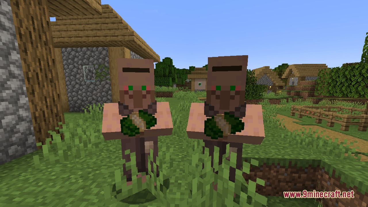 Narcosis Mod Screenshot 7 Two villagers holding custom crops ready for trade in a Minecraft village