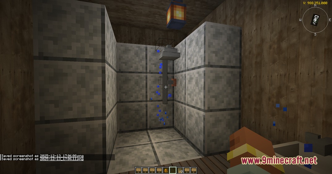 Nations & Villagers AI Reborn Mod Screenshot 4 A stone shower stall with water dripping from a metal showerhead in Minecraft