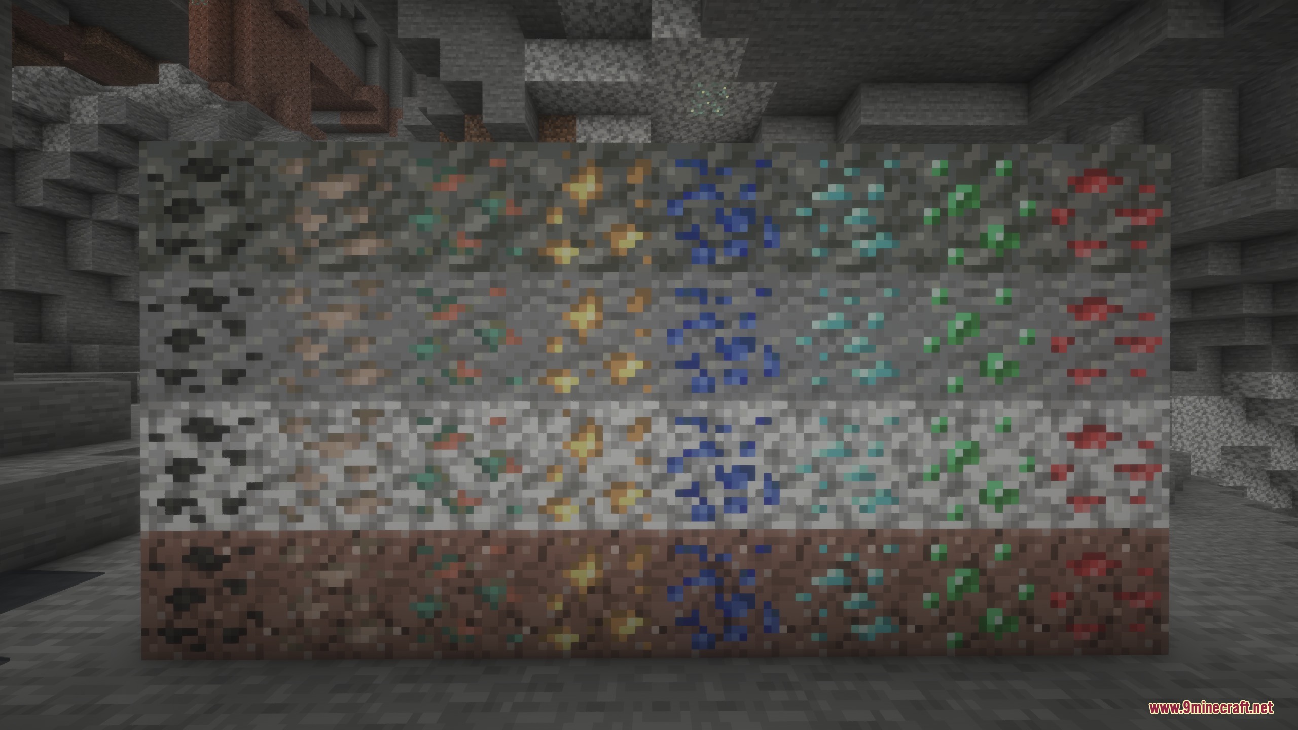 Native Vein Textures Mod showcasing ores matching granite and diorite stone backgrounds