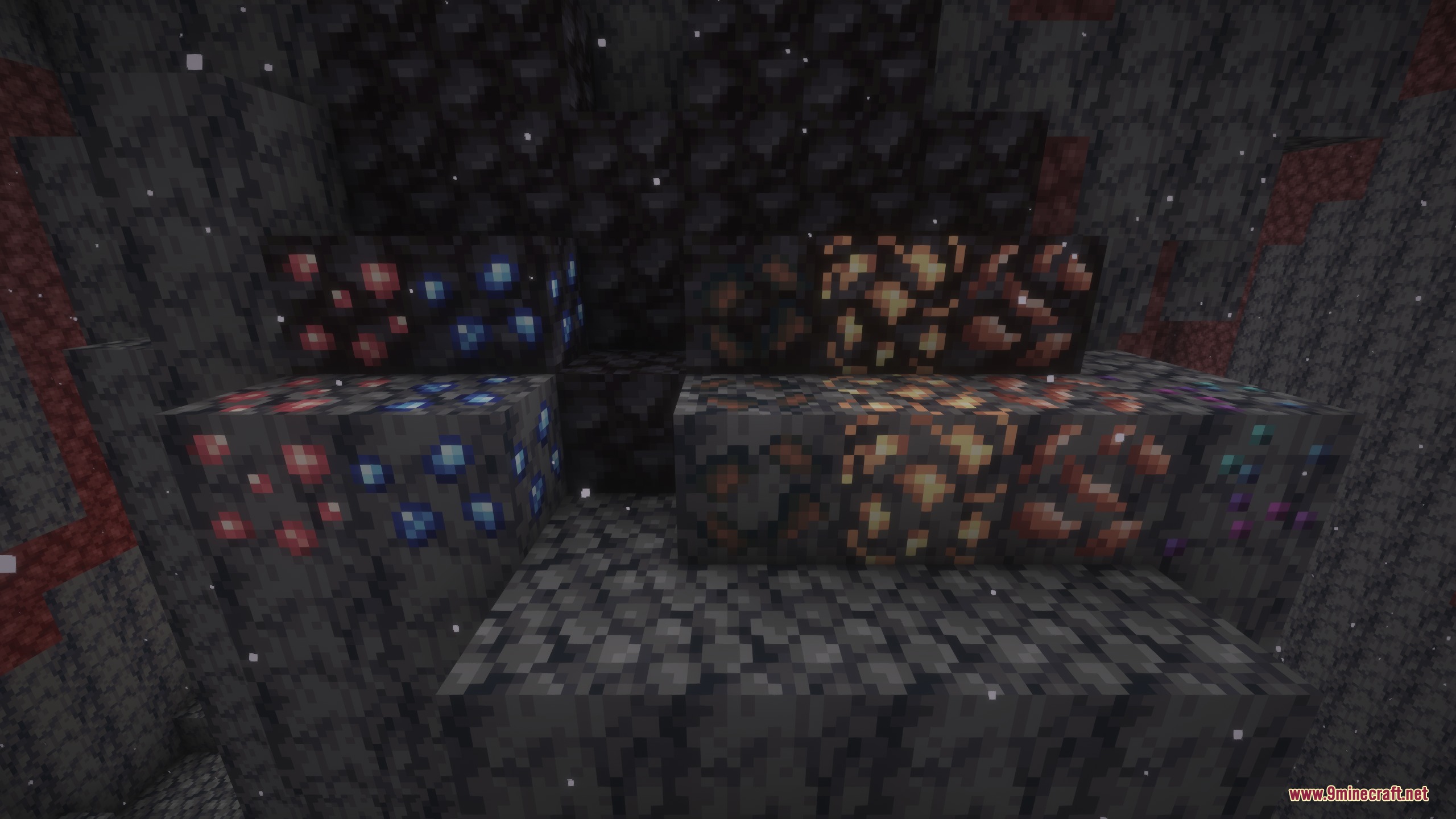 Nether ores with textures matching the surrounding blackstone and basalt rock