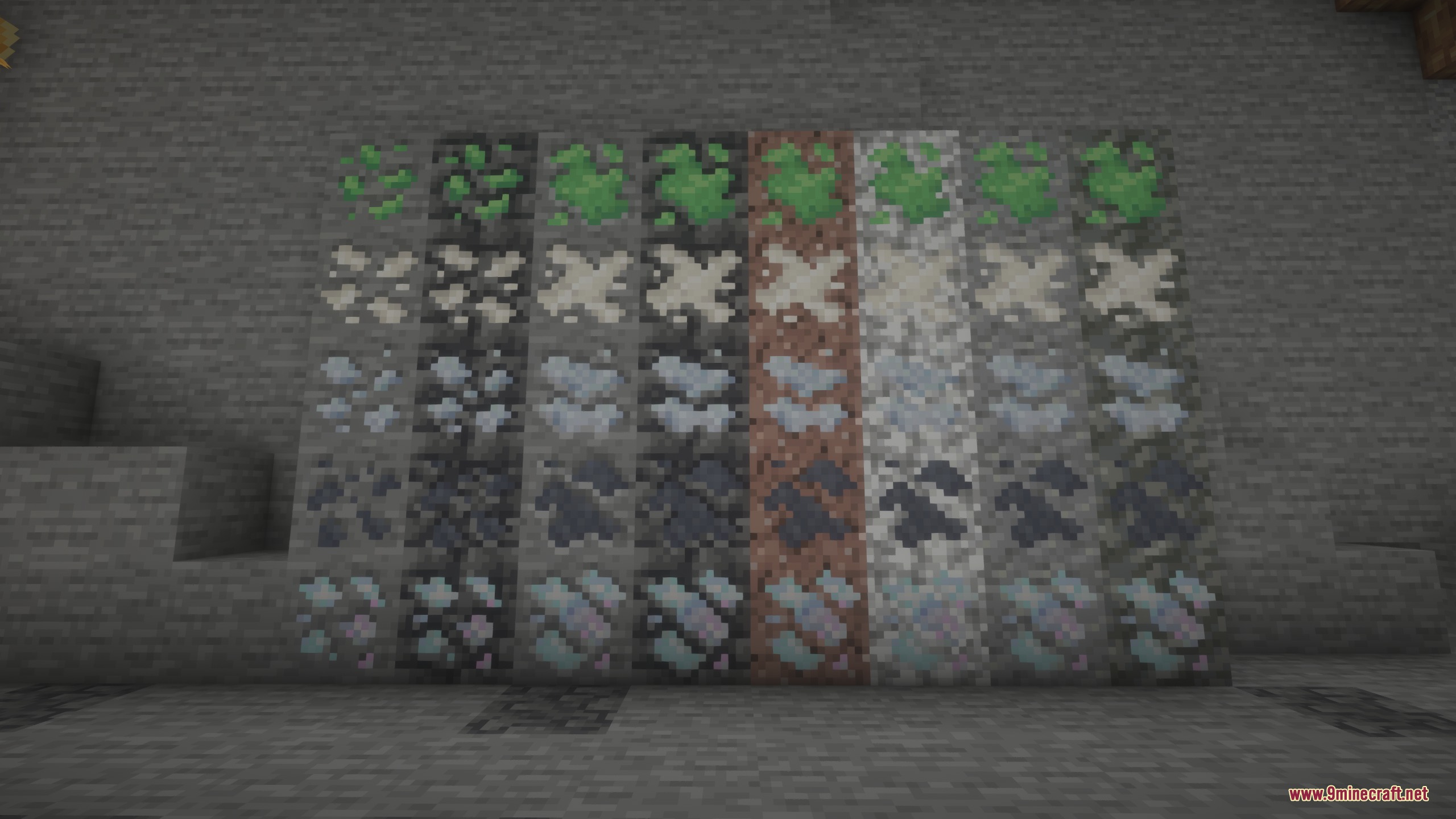 Native Vein Textures Mod showcasing ores with backgrounds matching various stone types