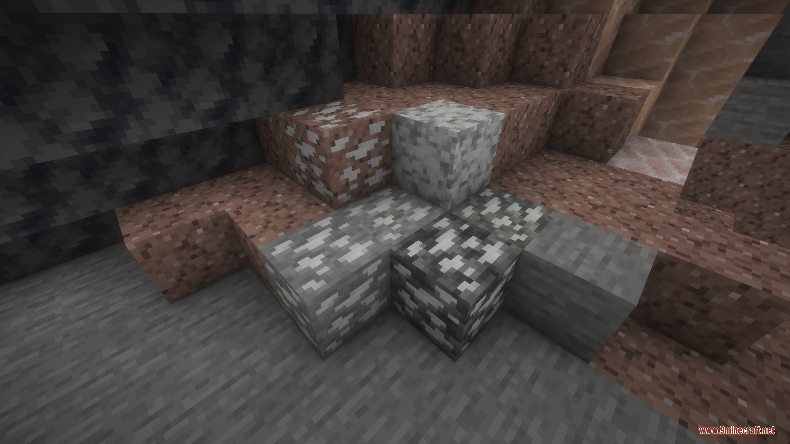 Iron and coal ores blending seamlessly into granite diorite and andesite blocks