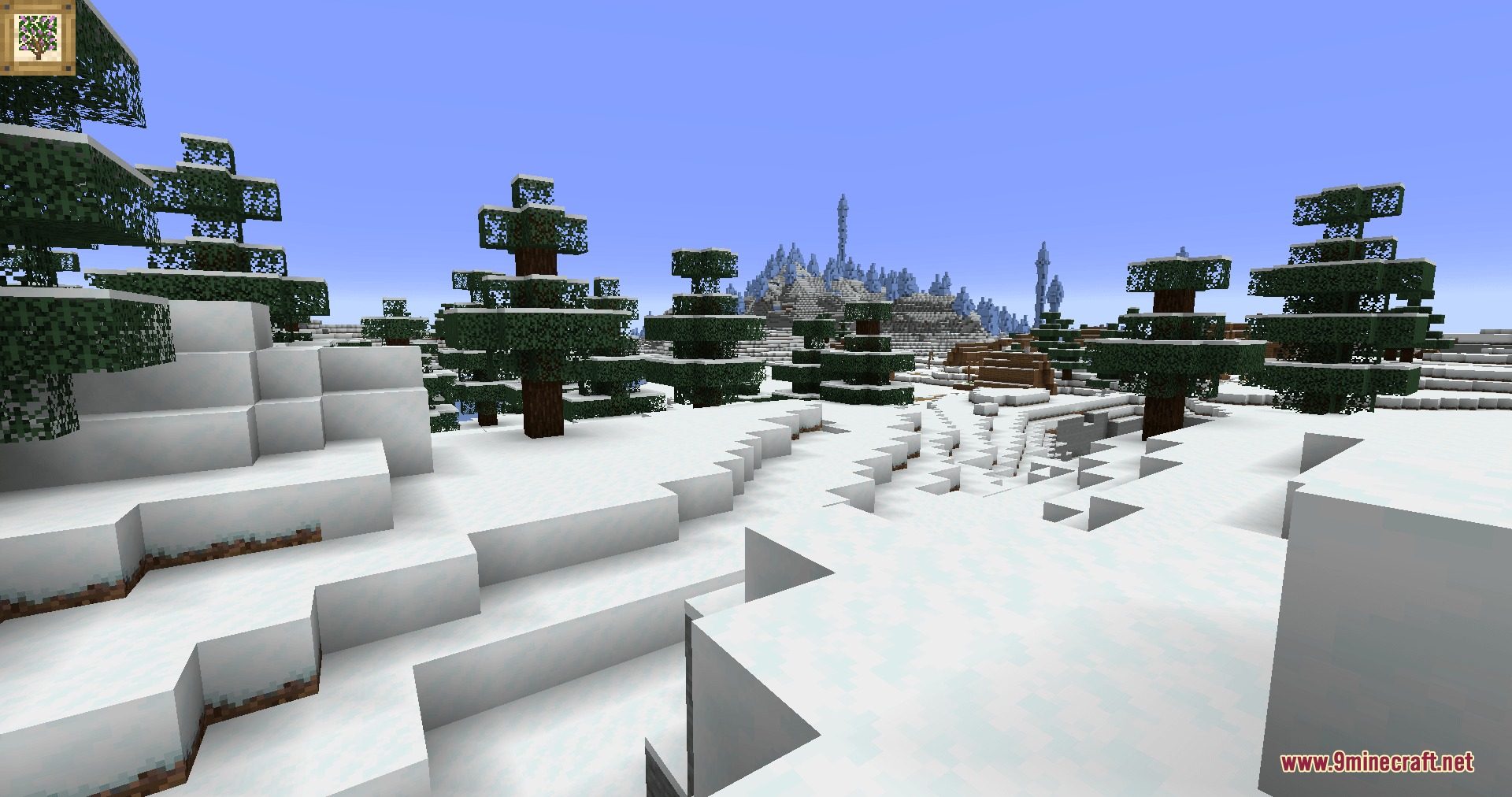 Natural Philosophy Mod Screenshot 5 A snowy Minecraft biome featuring spruce trees and thick layers of white snow
