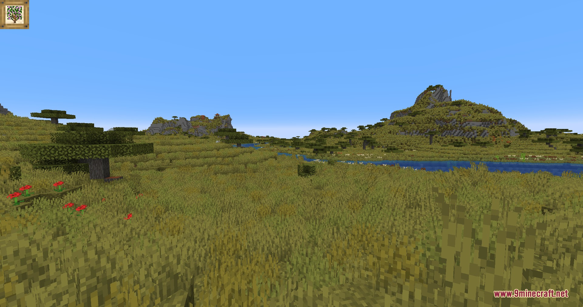 Natural Philosophy Mod Screenshot 6 A wide savanna biome with acacia trees and a river under blue sky
