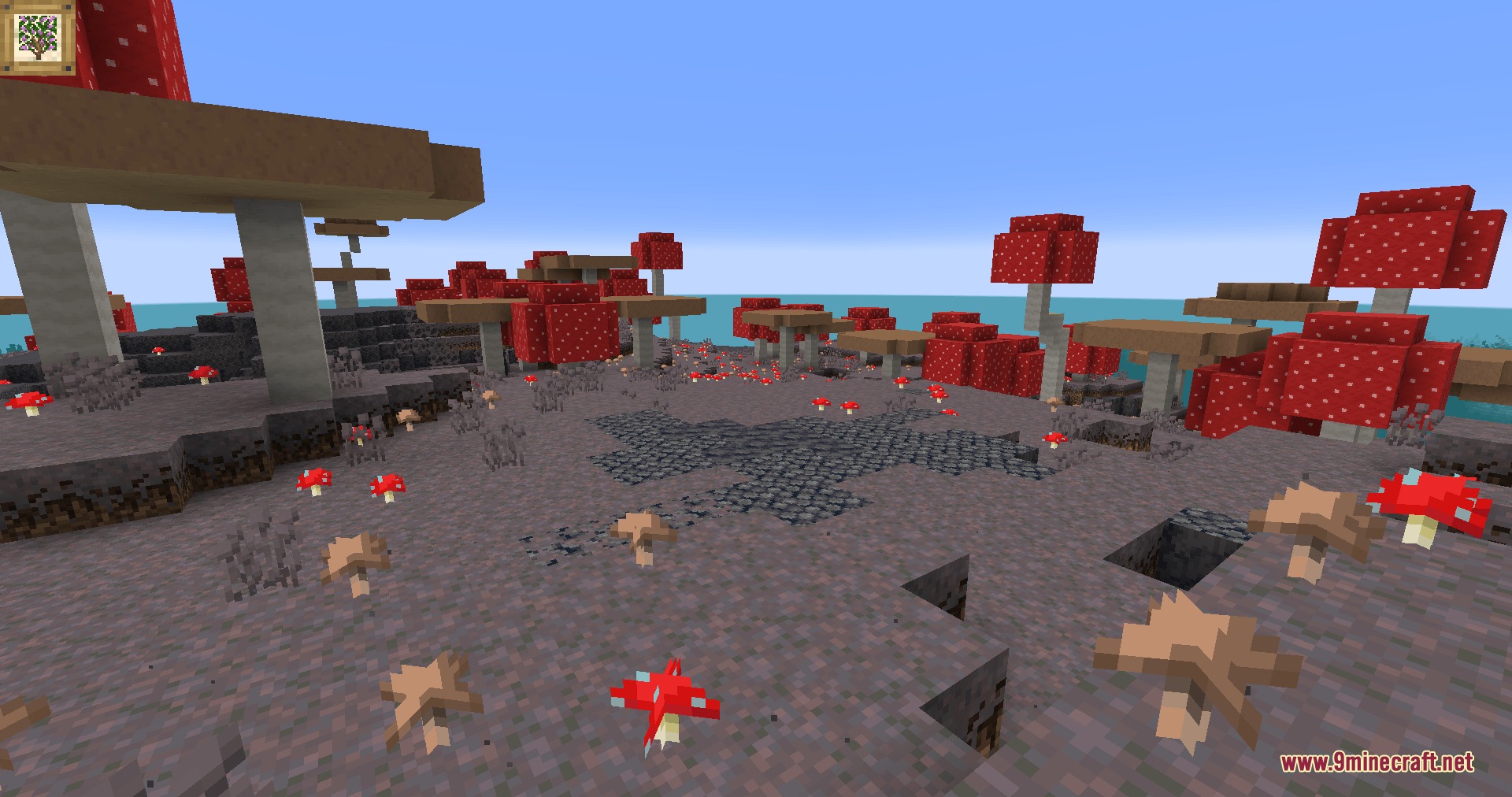 Natural Philosophy Mod Screenshot 8 Giant red and brown mushrooms growing across a vast mycelium island biome