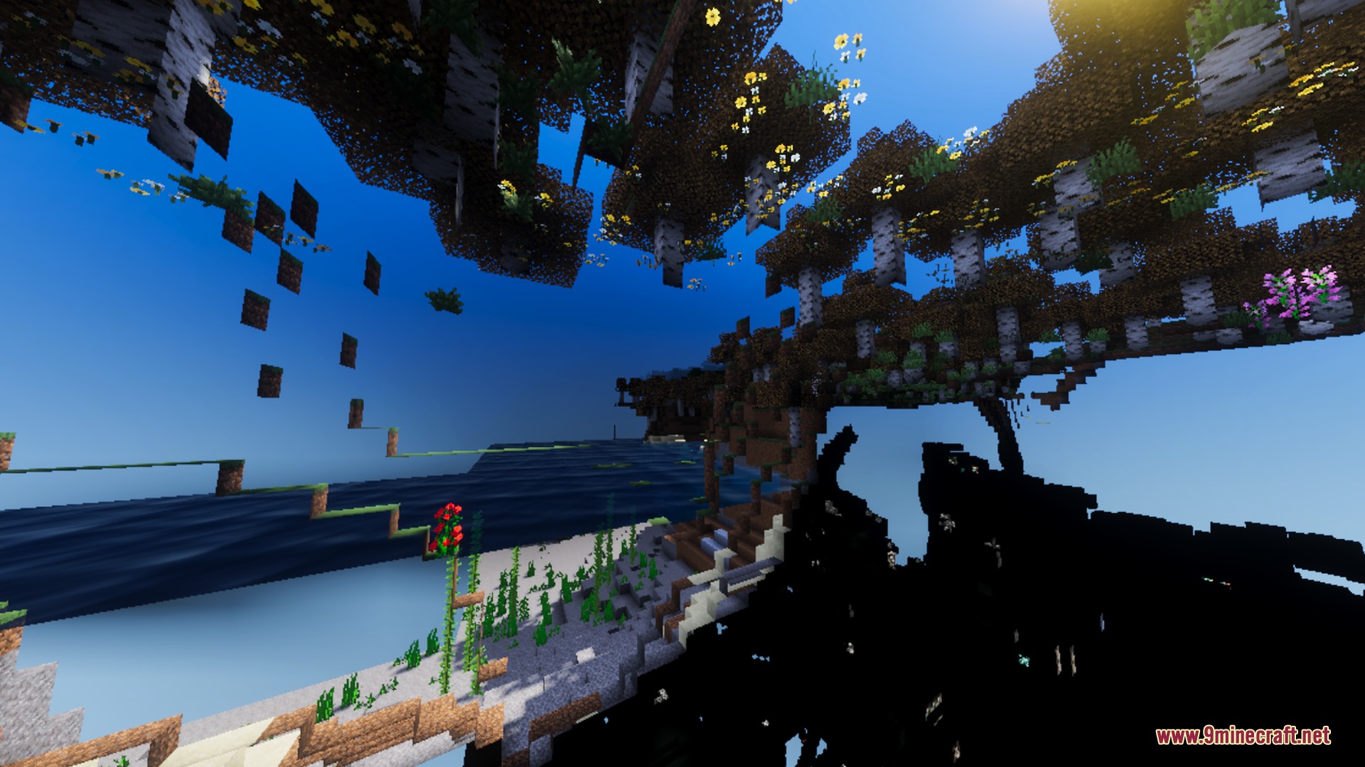 Naturalism enhances the lighting of floating islands with birch trees and flowers