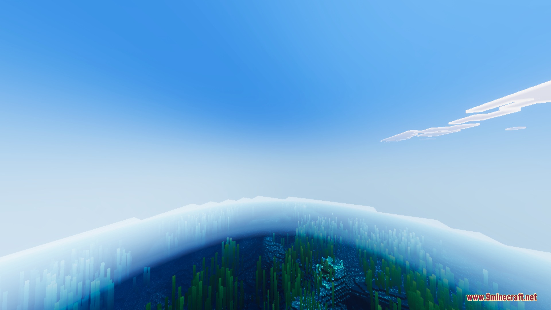 Bright daylight over a deep ocean biome with realistic water and underwater plants