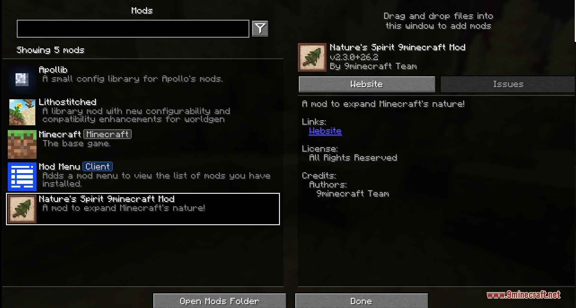 Minecraft mod menu interface displaying information for the Nature Spirit mod