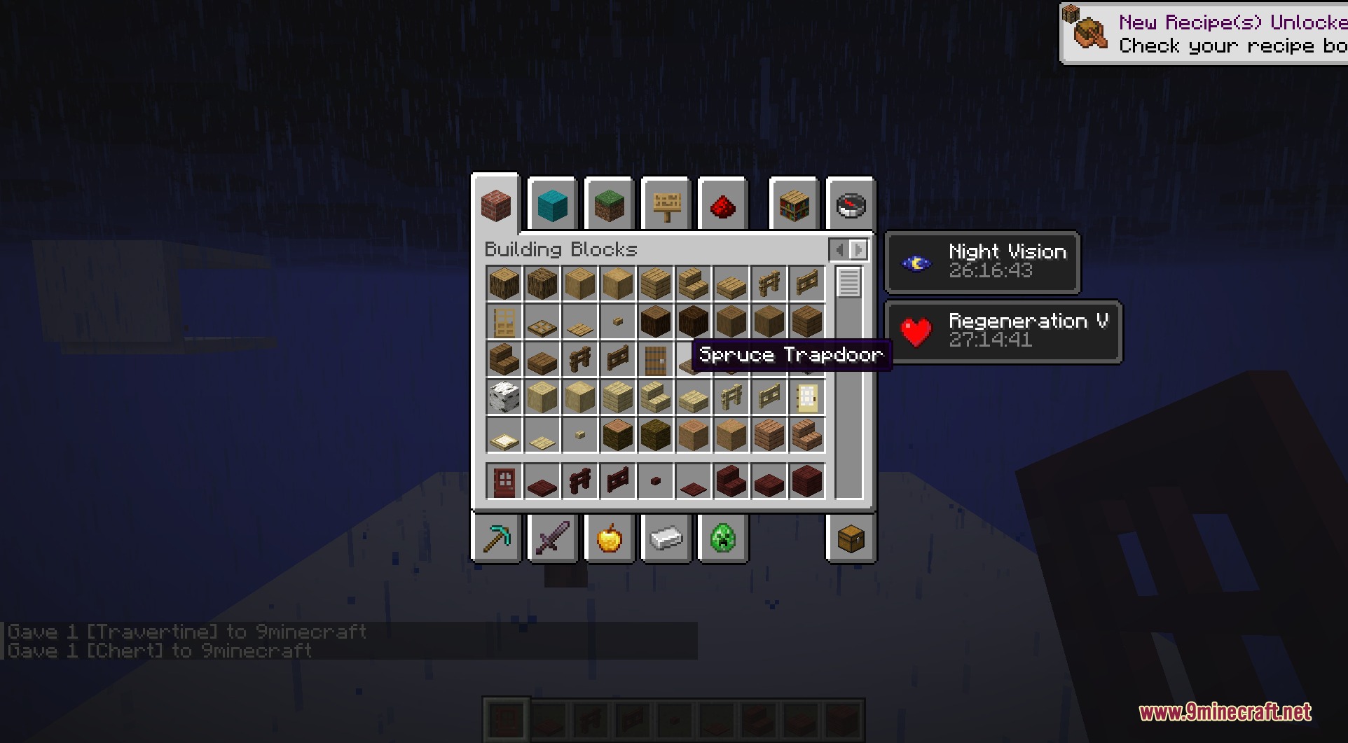 Creative mode inventory menu showing a wide selection of new building materials
