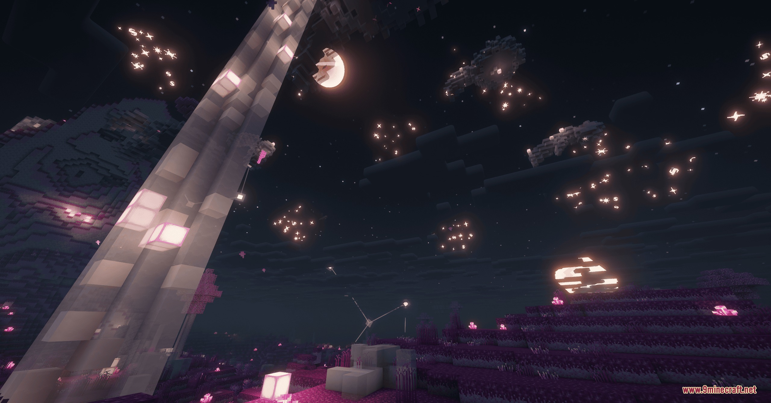 Neo Paster Dream Mod Screenshot 1 A giant white pillar reaches toward the moon in a pink dream dimension