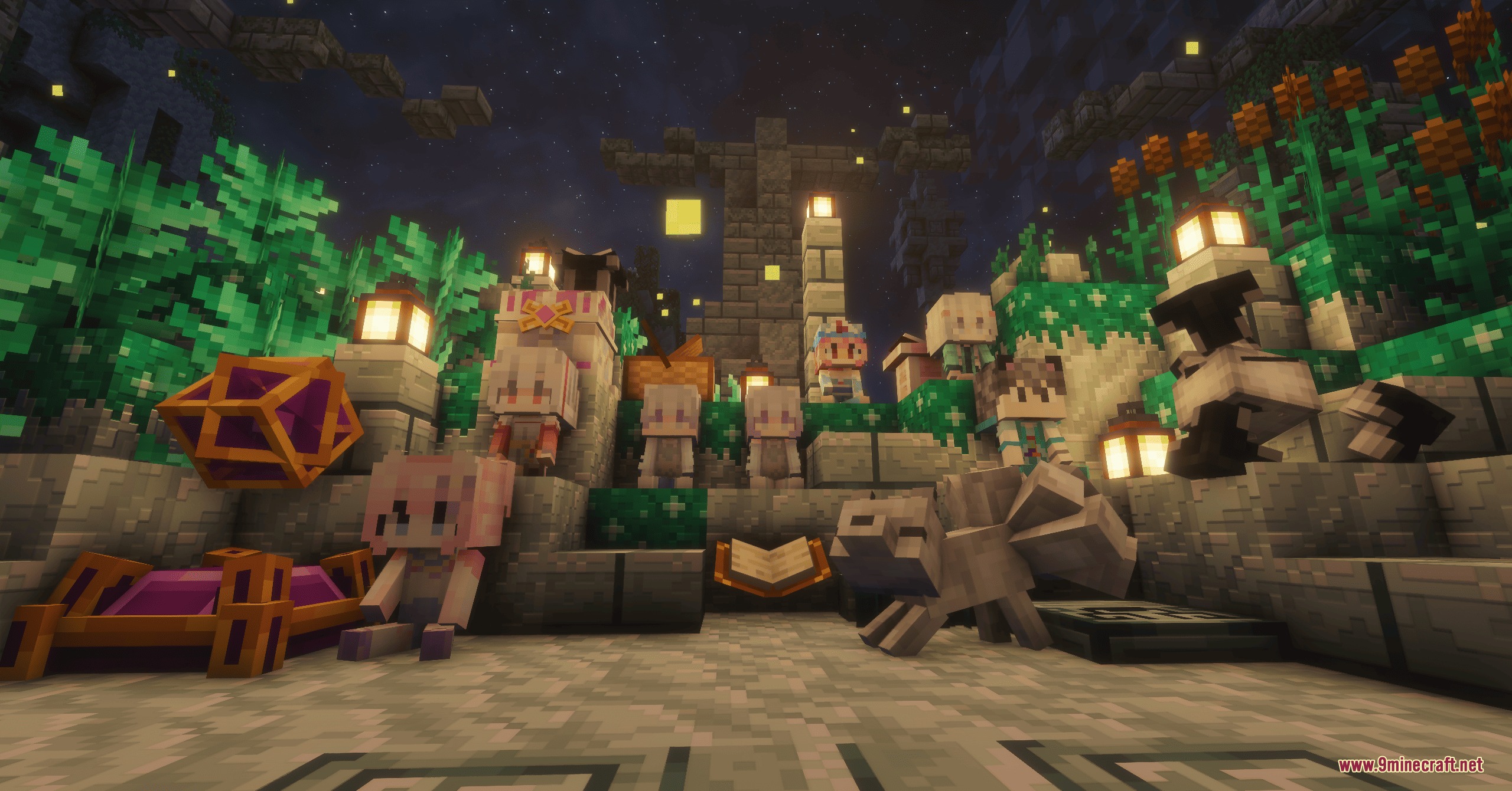 Neo Paster Dream Mod Screenshot 2 Small character statues and a white fox stand in a lantern lit garden