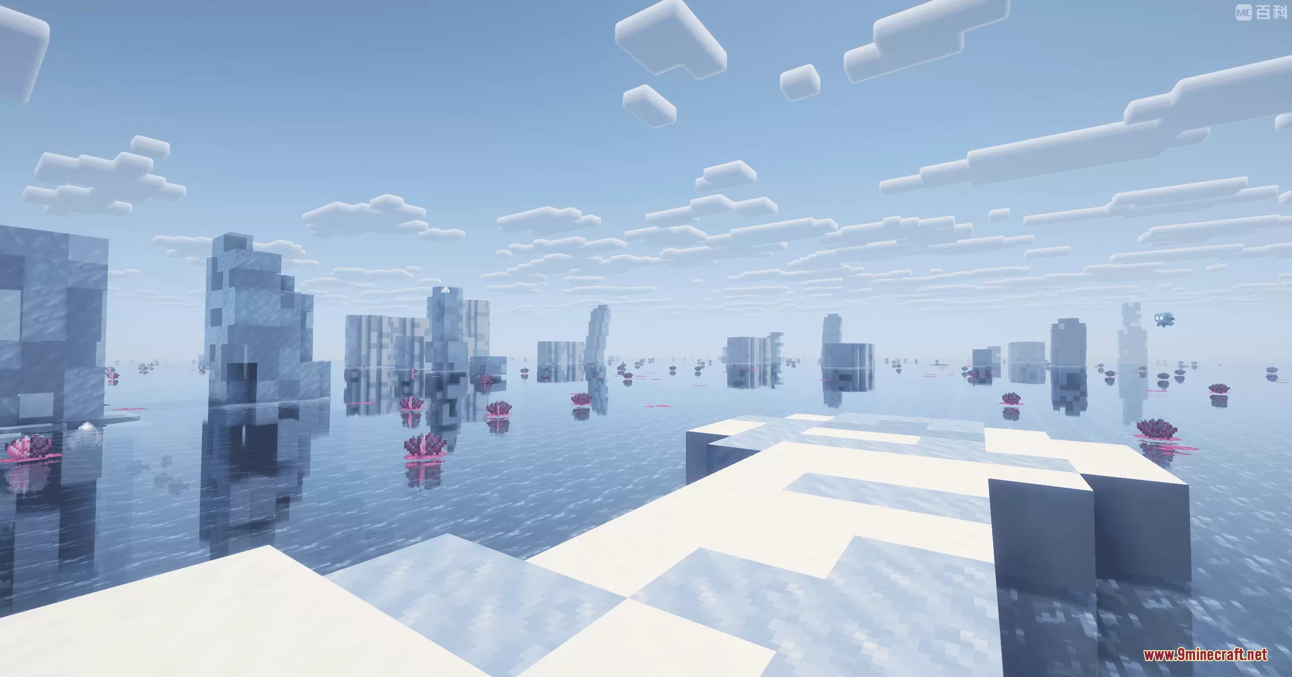 Neo Paster Dream Mod Screenshot 6 Frozen ruins and icebergs floating in a calm ocean under a clear sky