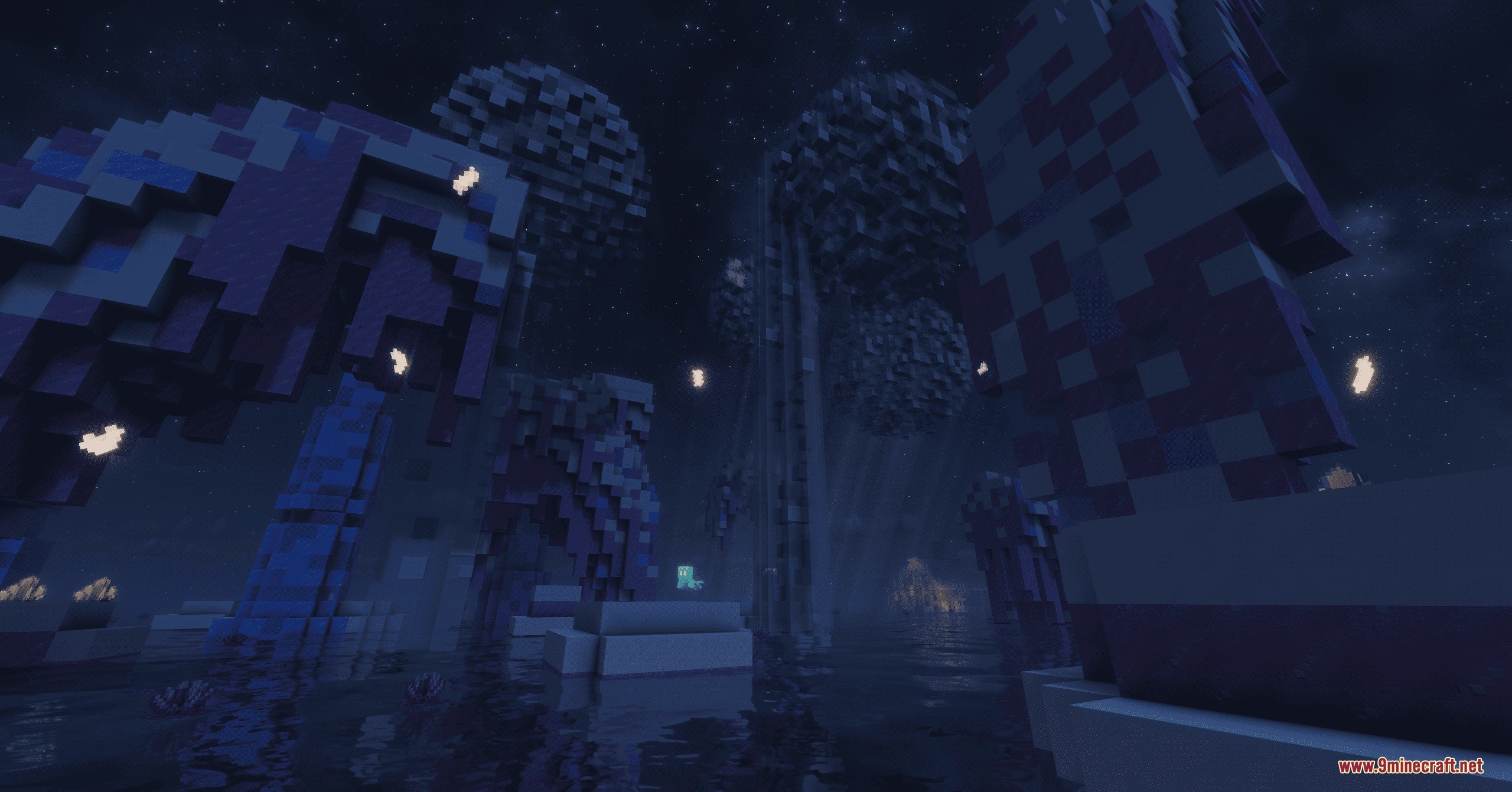 Massive floating spheres and glowing spores in a dark blue dream dimension