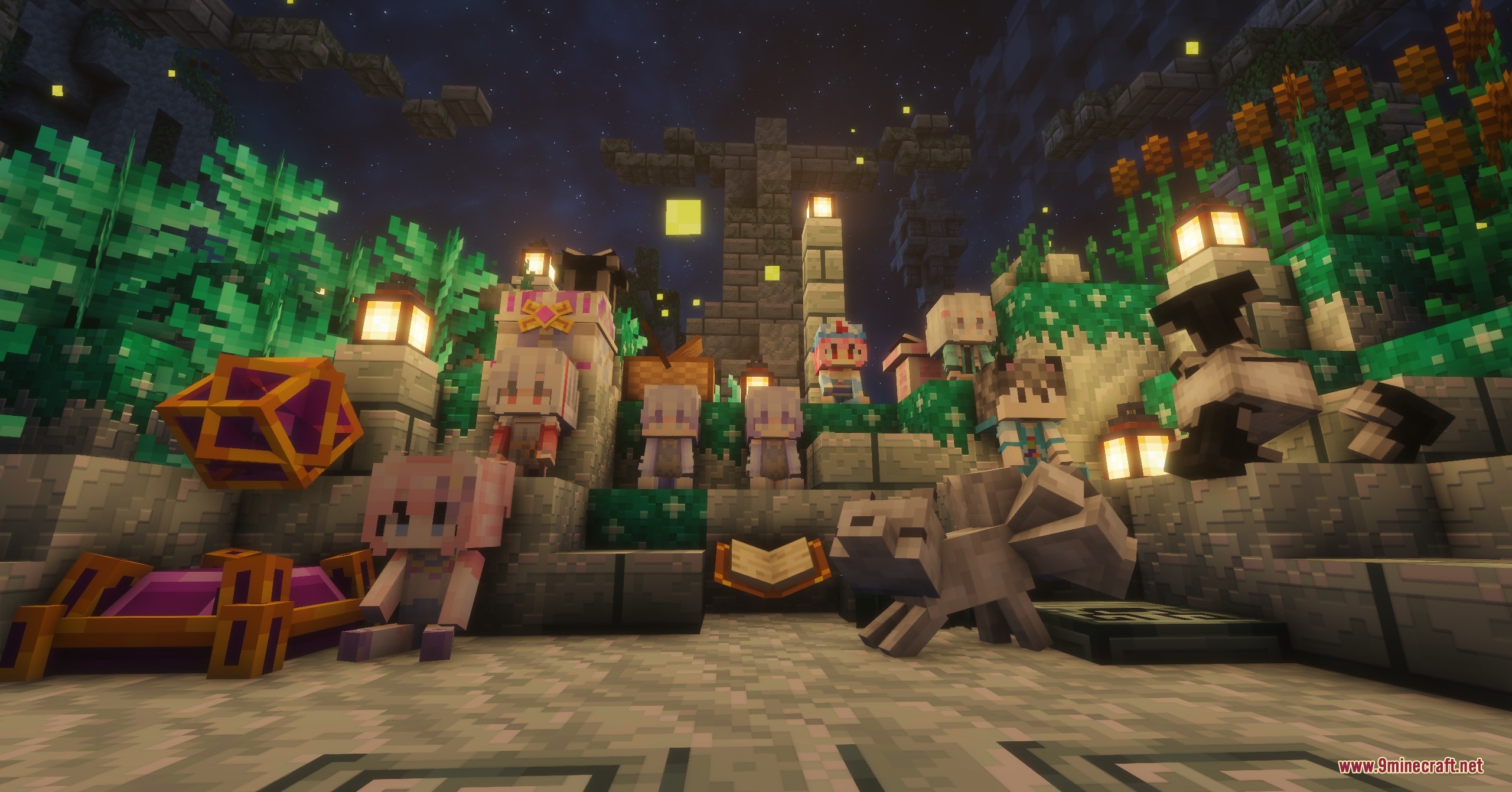 Small character dolls and a white fox mob displayed near glowing lanterns