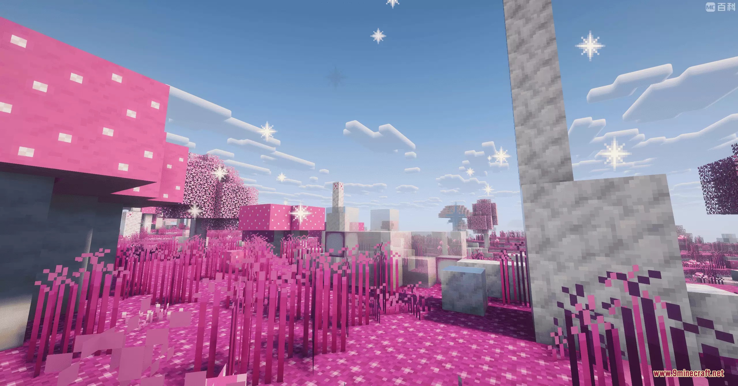 The Dyed Dreamscape biome features pink grass and glowing silver stardust particles