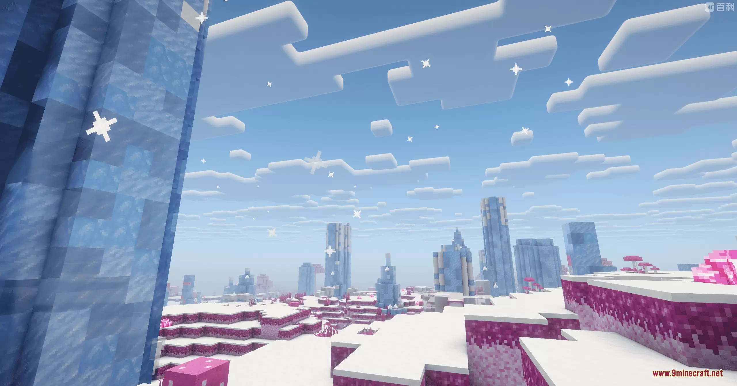 Giant blue pillars rise above pink grass in the Dyed Dreamscape biome