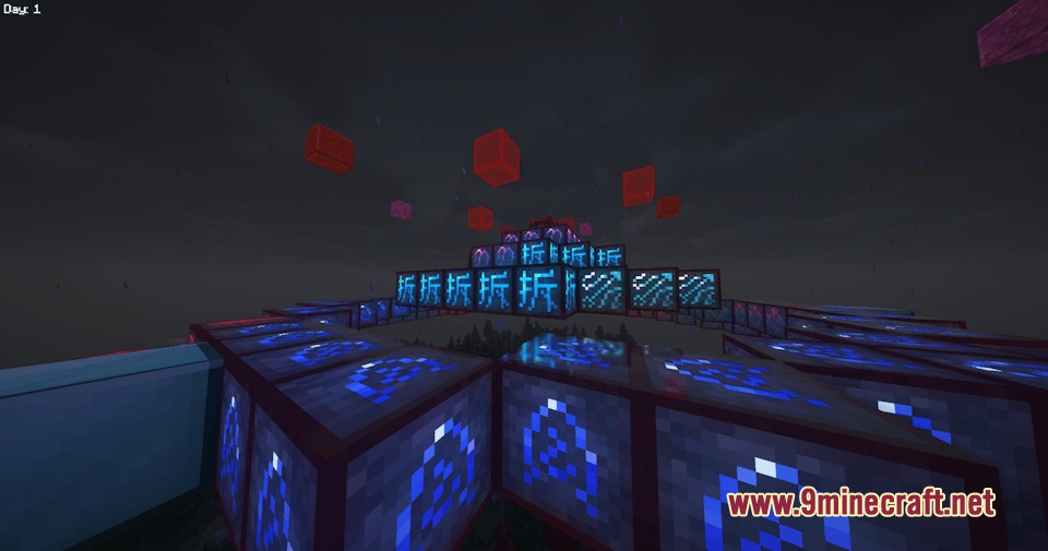 Neo Vitae Mod Screenshot 1 A magical blood altar with glowing runes and floating red energy blocks