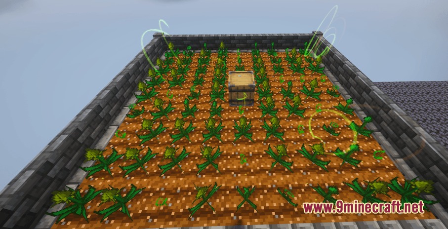 Neo Vitae Mod Screenshot 2 A ritual automatically harvesting crops in a stone walled farm plot