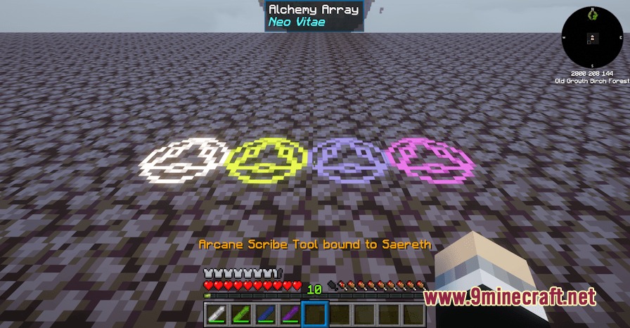 Neo Vitae Mod Screenshot 4 A player holds an Arcane Scribe Tool near four colorful glowing alchemy arrays