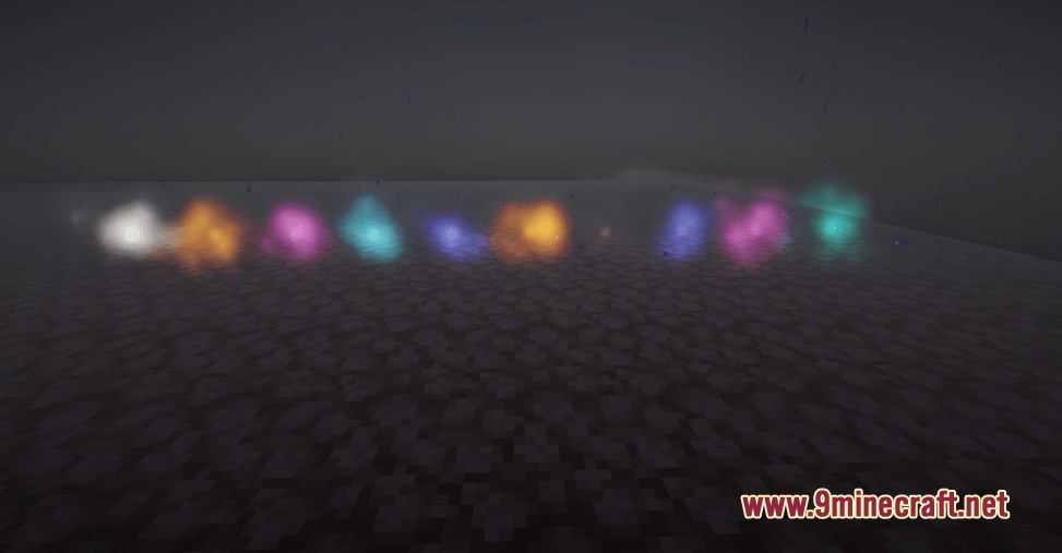 Neo Vitae Mod Screenshot 7 A row of colorful glowing magical energy spheres floating in a dark room