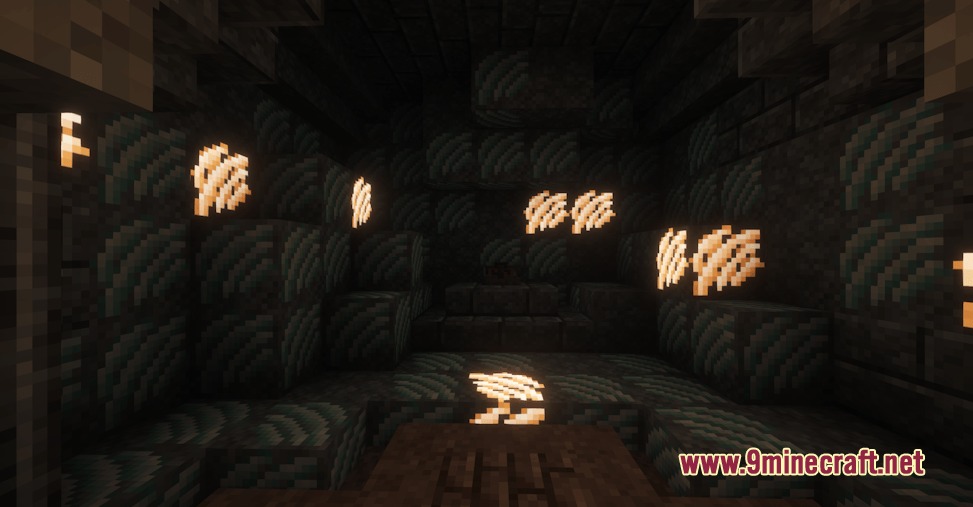 Neo Vitae Mod Screenshot 8 Bright orange glowing symbols etched into the walls of a dark underground chamber
