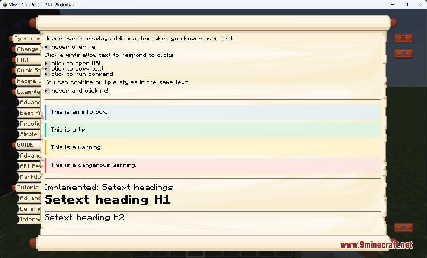 Neoforge Knowledge Codex Mod Screenshot 1 A scroll interface displaying interactive text and colored informational callout boxes