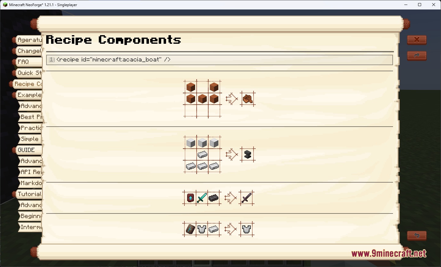 Neoforge Knowledge Codex Mod Screenshot 2 Knowledge Codex scroll interface showing multiple crafting recipes for various game items