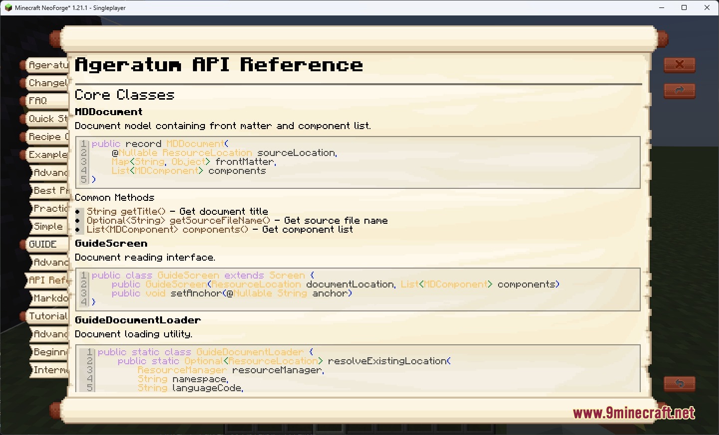 Neoforge Knowledge Codex Mod Screenshot 3 Minecraft UI displaying an API reference with code blocks on a scroll