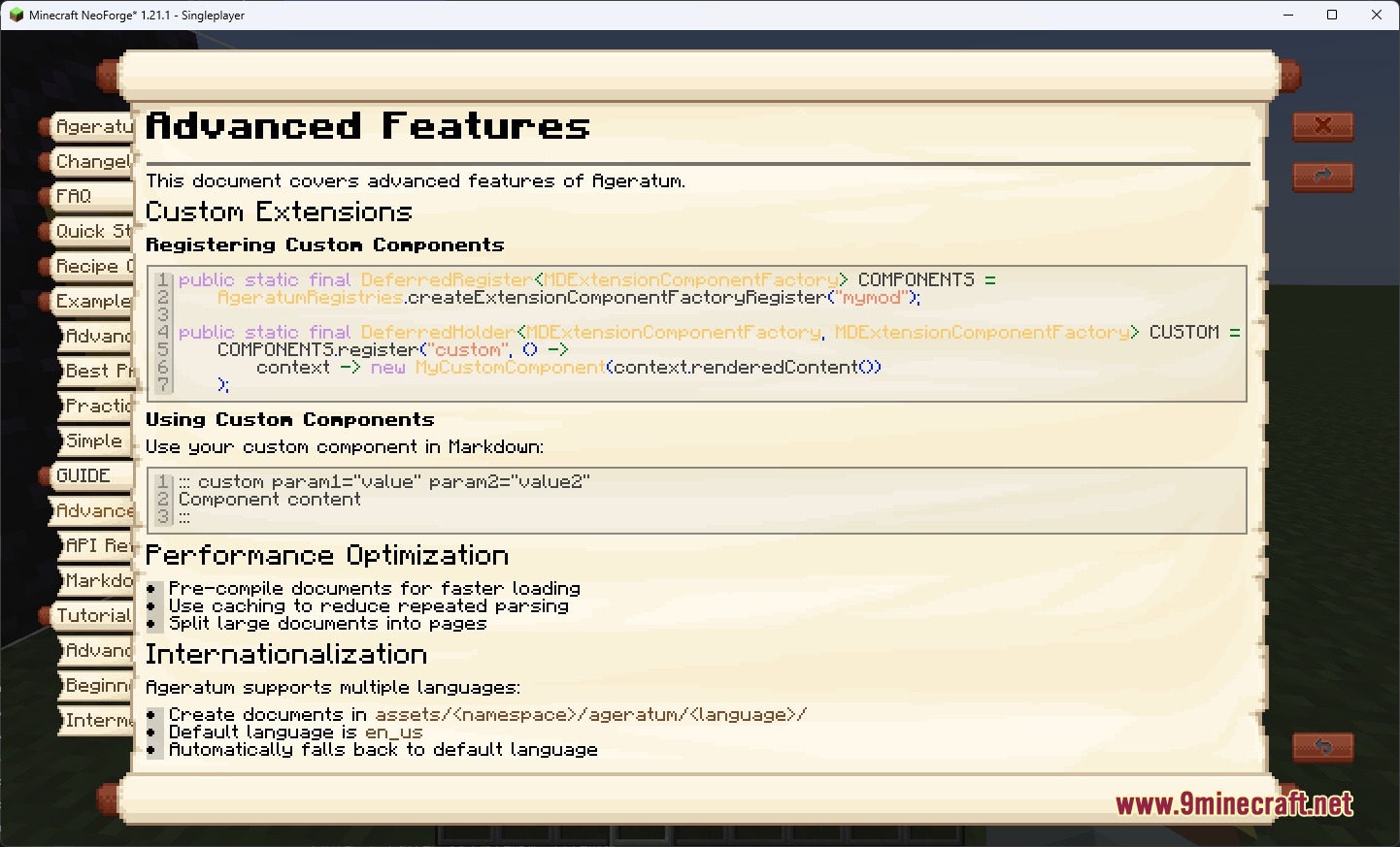 Neoforge Knowledge Codex Mod Screenshot 5 Ageratum guidebook page showing code for registering custom components and performance tips