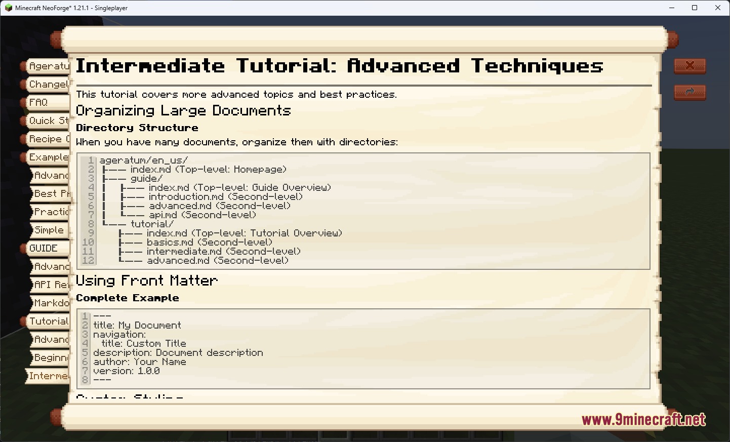 Neoforge Knowledge Codex Mod Screenshot 6 A guidebook page displaying directory structure and front matter for organizing large documents