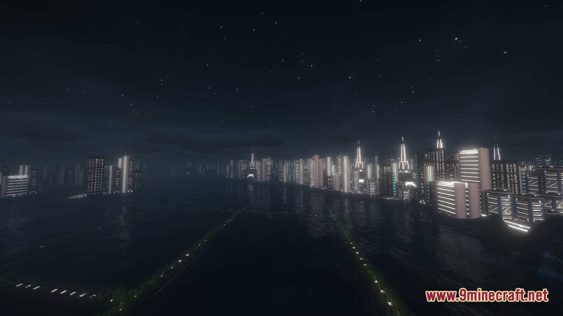 A futuristic cyberpunk city skyline with illuminated skyscrapers reflecting across a dark body of water